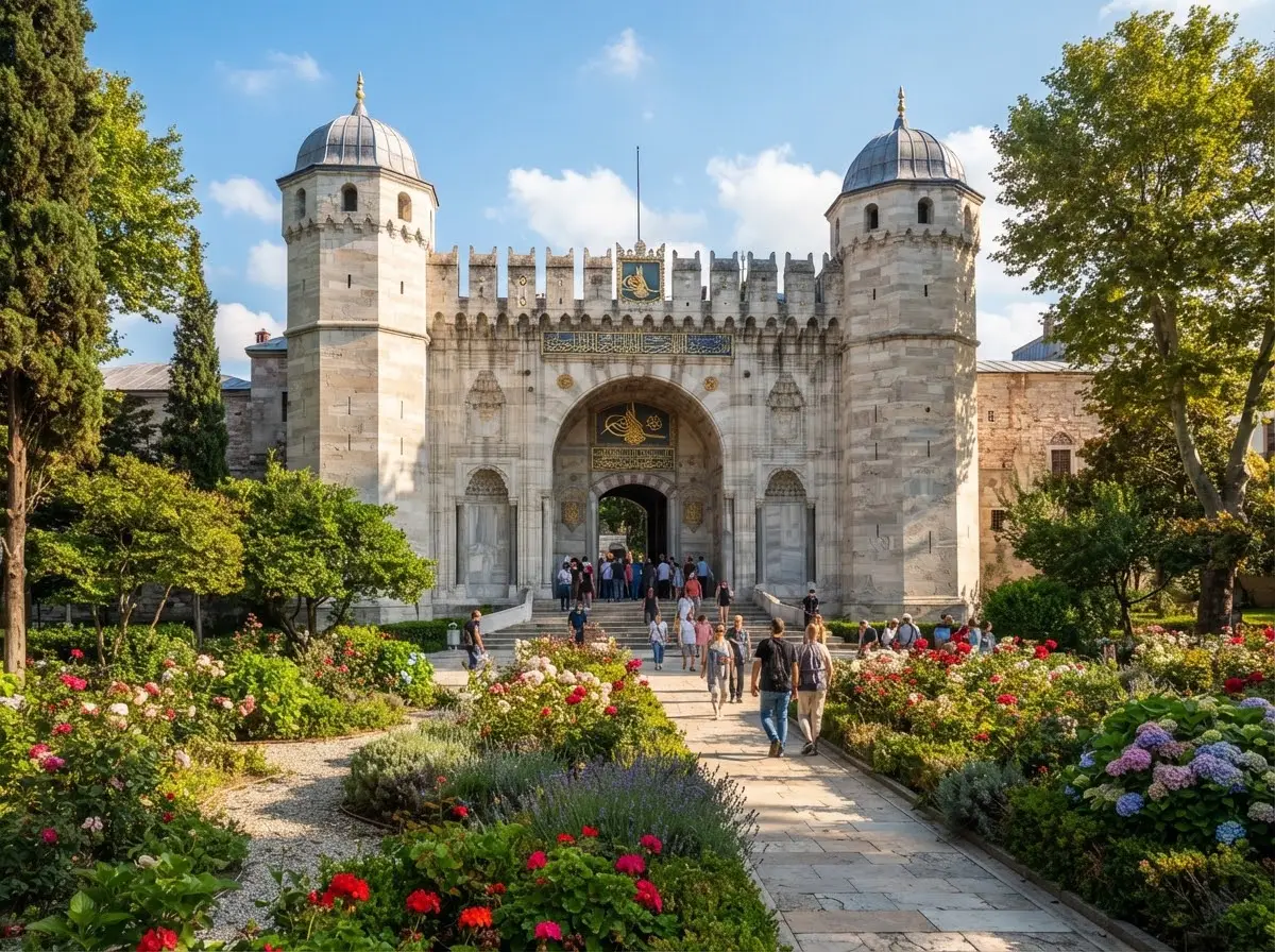 A courtyard of Topkapı Palace with its colonnade in the afternoon sun.